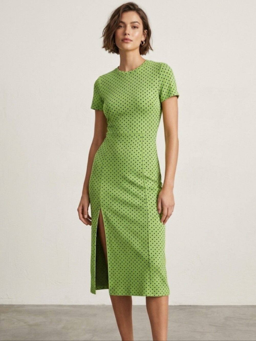 Zara Green & Black Polka Dot Knit Midi Dress, M